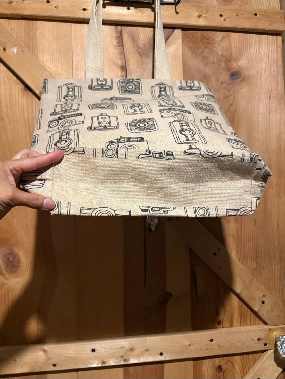 Retro Camera Print Canvas Tote in Beige and Black